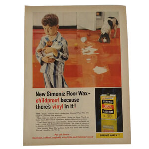 1958 Simoniz Floor Wax Ad Childproof Vinyl Orange Kitchen Dog MCM Print Ephemera